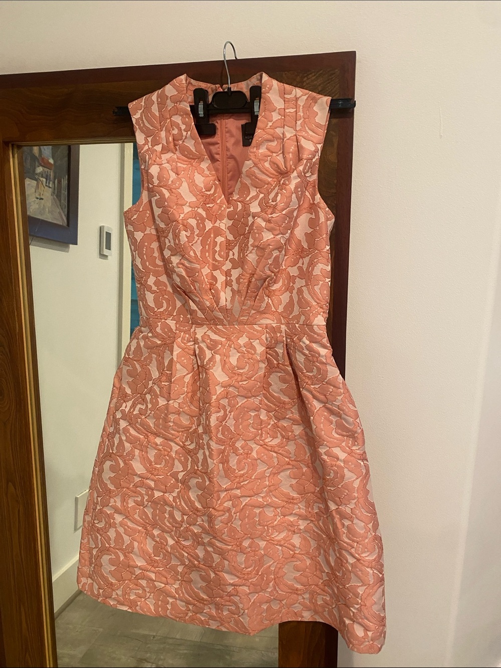 Adrianna Papell Peach Floral Jacquard V-Neck Midi Dress